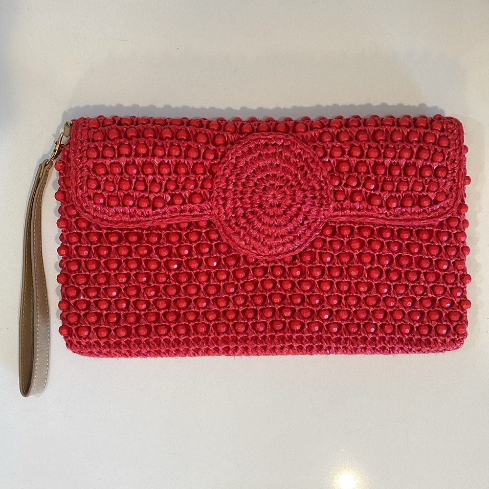 Trina Turk Raffia Beaded Clutch Wristlet Coral - Picture 2 of 11